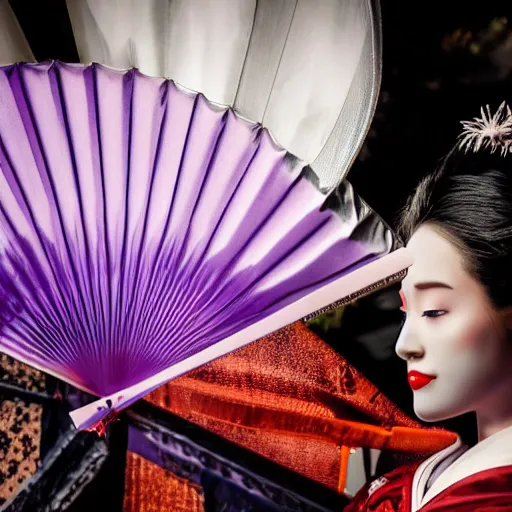 Image similar to Japanese geisha with beautiful violet paper fan, 4k photography, 30 mm lens, cinematic light, warm atmosphere, in style of Kar Wai Wong, cigarette smoke trail