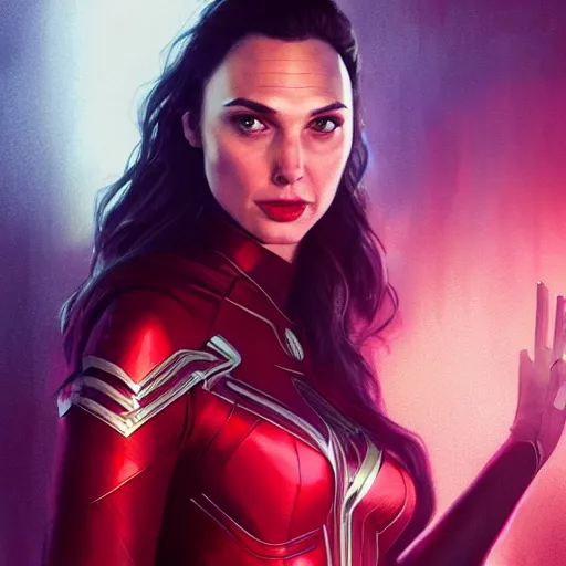 Image similar to a potrait of Gal Gadot as Scarlet witch by Greg Rutkowski, Sung Choi, Mitchell Mohrhauser, Maciej Kuciara, Johnson Ting, Maxim Verehin, Peter Konig, 8k photorealistic, cinematic lighting, HD, high details, dramatic, trending on artstation, full body shot