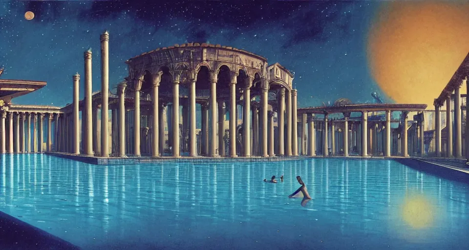 Prompt: a large tiled swimming pool with many palm trees surrounded by roman architecture columns and statues, underneath a star filled night sky, harold newton, zdzislaw beksinski, donato giancola, warm coloured, gigantic pillars and flowers, maschinen krieger, beeple, star trek, star wars, ilm, atmospheric perspective