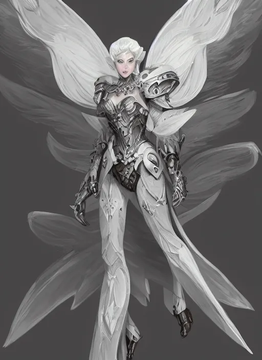 Image similar to a highly detailed illustration of white haired pale lady wearing dieselpunk armor dress with iron wings, dramatic floating pose, intricate, elegant, highly detailed, centered, digital painting, artstation, concept art, smooth, sharp focus, league of legends concept art, wlop