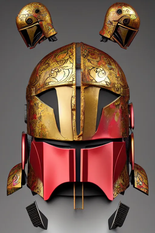 Image similar to an artistic and realistic 8k sculpture of a mandalorian helmet, bright psychedelic color, dramatic lighting, silver gold red details, filigree, intricate details, cinematic, elegant, micro detail, octane render, filmic, interesting camera angle, 8k post-processing, intricate art by John Collier and Krenz Cushart and Alphonse Mucha and Greg Rutkowski