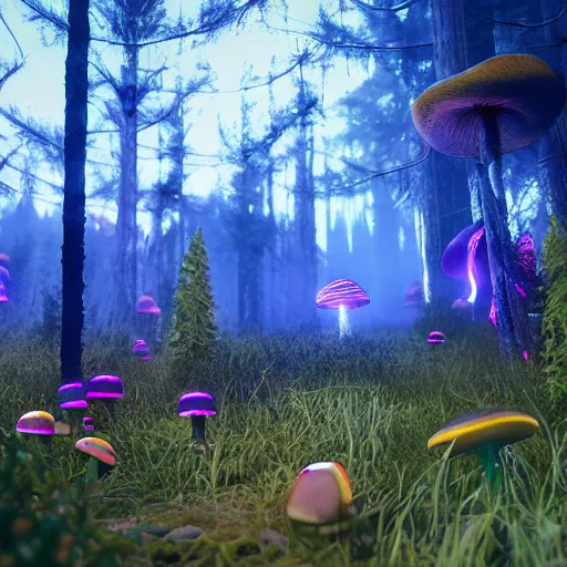 Image similar to A realistic strange neon lanscape, realistic, 4k resolution, detailled, realistic shaders, neon mushrooms, mushrooms particles, painting, forests, strange neon plants, realistic, detailled.