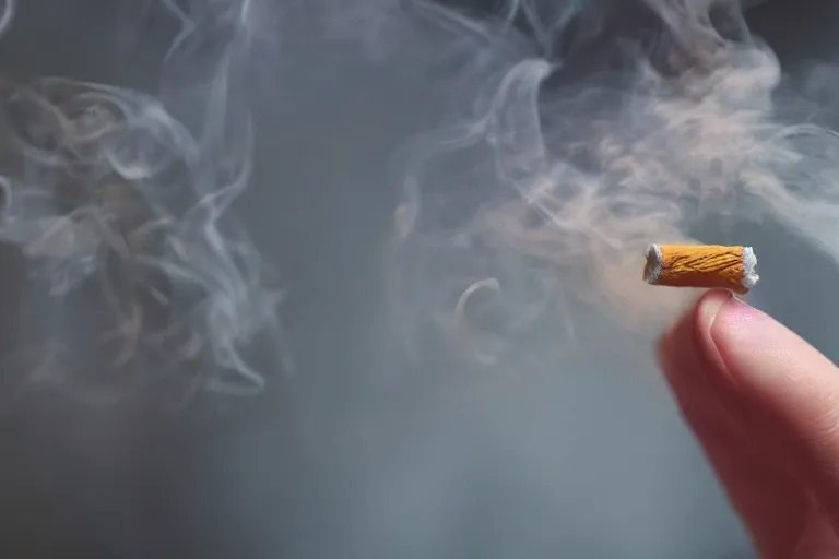 Image similar to Close-up of thin soft hand holding cigarette in it with smoke, hyper realistic, high details, photo, super resolution