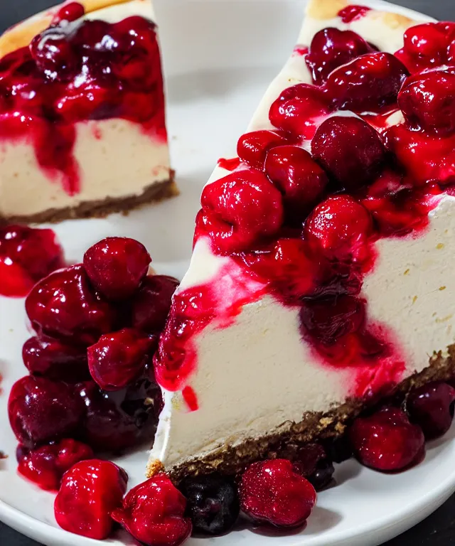 Image similar to high quality presentation photo of stawberry and cherry cheesecake, photography 4k f1.8 anamorphic bokeh 4k Canon Nikon