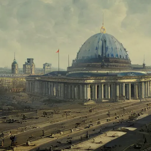 Prompt: panoramic view of giant giant monumentsl 1 km height volkshalle building, berlin 1 9 4 5, matte painting by greg rutkowski, artstation