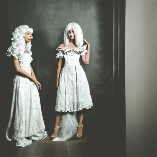 Image similar to photograph of two women with baroque white dresses and white baroque wigs in a hall, candle light fashion photography