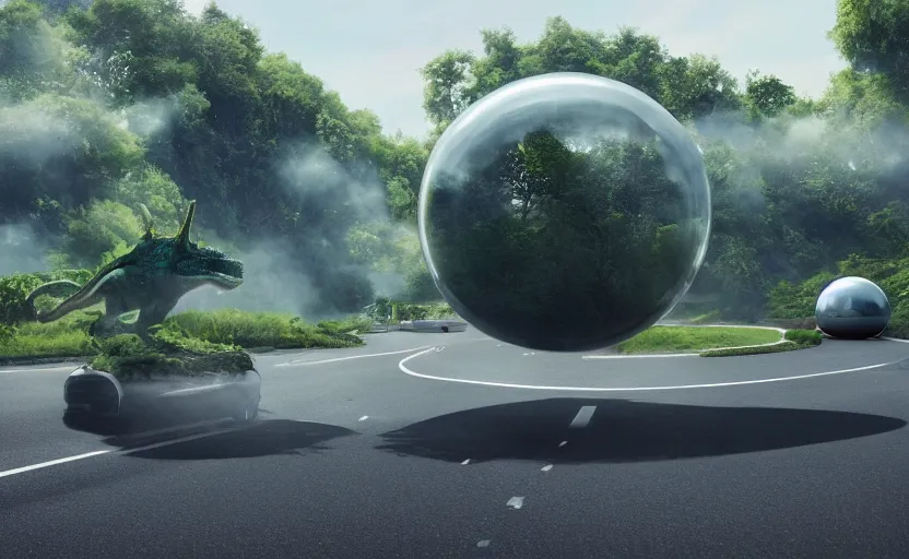 Prompt: a spherical car driving down the road, t - rex and humans dancing, smoky, green hills, many interstellar plants, futuristic concept design, airy landscape, high detail rendering by octane, unreal engine, 8 k, cinematic grade.