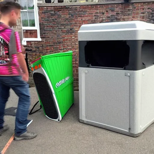 Prompt: a massive sound system built in wheelie bins