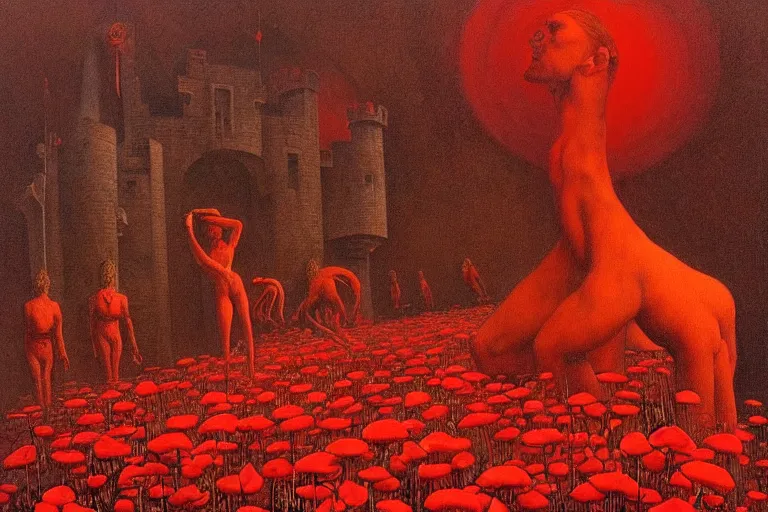 Image similar to only with red, red flowers of different types, a red tiger, a castle in the background, medieval demons dance over the flowers, an ancient path, in the style of beksinski, part by hopper, part by rodcenko, part by hofbauer, intricate composition, red by caravaggio, insanely quality, highly detailed, masterpiece, red light, artstation