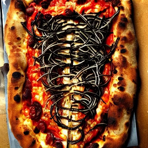 Prompt: photo of pizza in the style of hr giger,