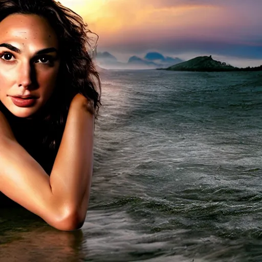 Image similar to Portrait of the beautiful woman Gal Gadot, she is posing, she is walking on a river, she is getting ulluminated by the rays of the sunset, the photo was taking by Steve McCurry, matte painting, oil painting, naturalism, 4k, 8k