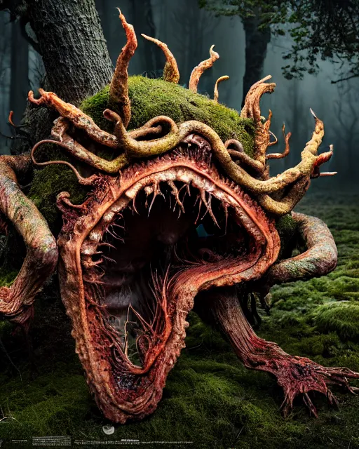 Prompt: a extremely disturbing horror photograph of a fantasy creature made out of nature and fungus, intricate, hyperrealism, sharp focus, cinematography, highly detailed, octane render, horror cgi 4 k, matte, photograph by professional photographer