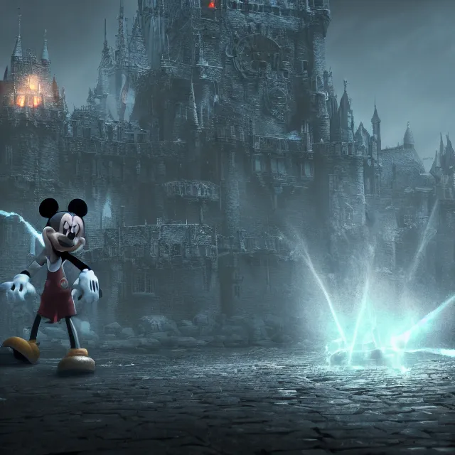 Image similar to mickey mouse reimagined as a monster boss in dark souls, dark cinematic, volumetric, realistic, cinematic lighting, ray tracing, unreal engine 5, unreal engine render, octane render, hyper realistic, photo, 8 k