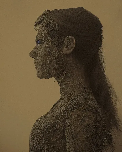 Image similar to a woman's face in profile, made of intricate decorative lace leaf, in the style of the dutch masters and gregory crewdson, dark and moody