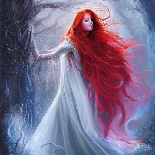 Prompt: Fantastic, fairytale, portrait, painting, beautiful!, female mage, long flowing red hair, light emitting from fingertips, ornate gown, smoldering, serious, royalty kingdom, royal court