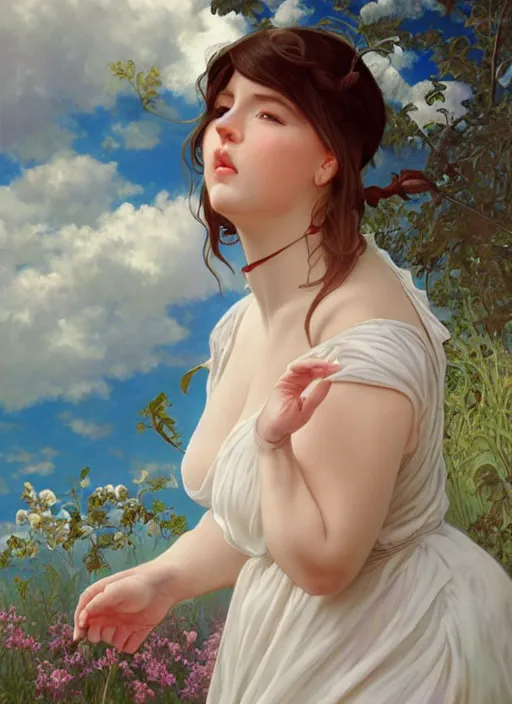 Image similar to a chubby white woman with pointed ears, wearing a white sundress, rainbow pastel clouds for hair, realistic painting by ross tran and gerald brom and alphonse mucha, artgerm, trending on artstation