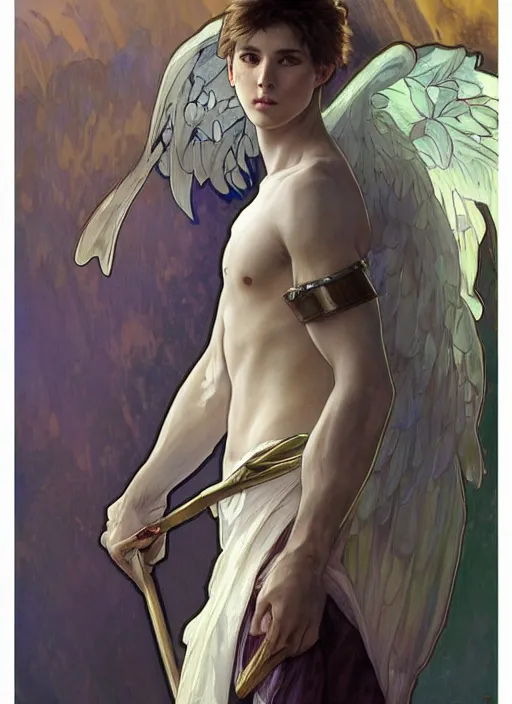 Prompt: digital character concept art by artgerm and greg rutkowski and alphonse mucha. portrait, young fourteen year old boy, like a young god, beautiful, angel wings!, holding a staff, detailed, poster art, light effect, glowing, hyper detail, intricate, elegant, digital painting, artstation, smooth, sharp focus