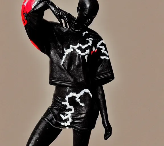 Image similar to black marble statue of a beautiful woman with colorful motocross logos in the style of virgil abloh, very very beautiful, detailed, off white, heron preston, 8 k, 4 k, detailed, beautiful, symmetrical, vogue, editorial, fashion, magazine, model