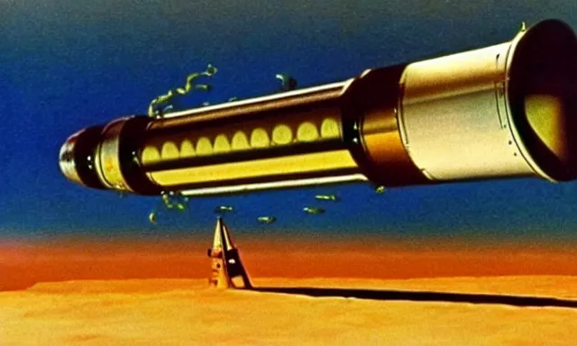 Image similar to full - color cinematic movie still from a 1 9 6 8 surreal film directed by salvador dali about astronauts traveling to the moon in a rocket - ship. bizarre ; dream - like.