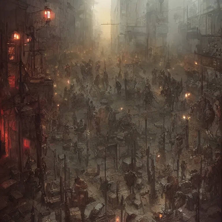 Image similar to the souls of dead soldiers waiting in a lone bus stop in quiet dark city, by marc simonetti