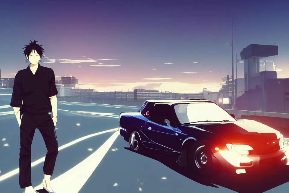 Image similar to aesthetic portrait illustration of ryosuke takahashi with black hair, dark blue shirt and white pants, standing by his white glossy mazda rx 7 on an empty highway at sunrise, cinematic lighting, initial d anime 1 0 8 0 p, 9 0 s anime aesthetic, volumetric lights, rule of thirds, unreal engine 5 render, pinterest wallpaper, trending on artstation