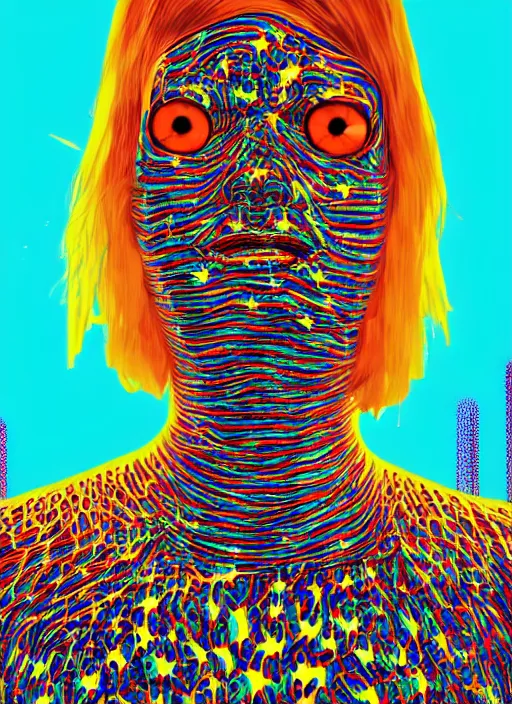 Prompt: extreme long shot, kodachrome, melting face, cyberpunk 2 0 y. o model girl, black reflect robe, wrapped in wires and piones, clear blue sky vintage style, looking straight ahead, in the style of yayoi kusama, technicolour, lineart, artstation