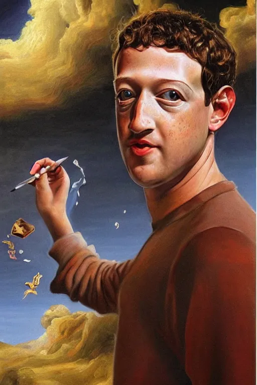 Prompt: photorealistic painting of mark zuckerberg as assumpta corpuscularia lapislazulina by salvador dali, hyperdetailed, centered, symmetric, masterpiece, surrealism