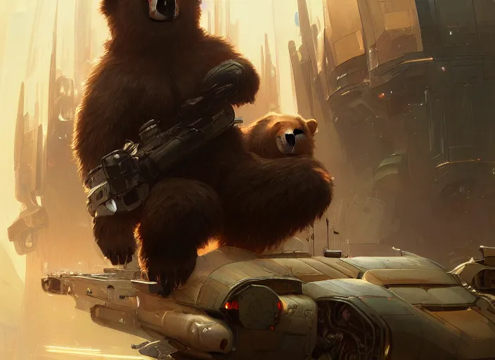 Prompt: a bear with a giant proton cannon in the back, elegant, technology, highly detailed, digital painting, artstation, concept art, smooth, sharp focus, illustration, art by krenz cushart and artem demura and alphonse mucha