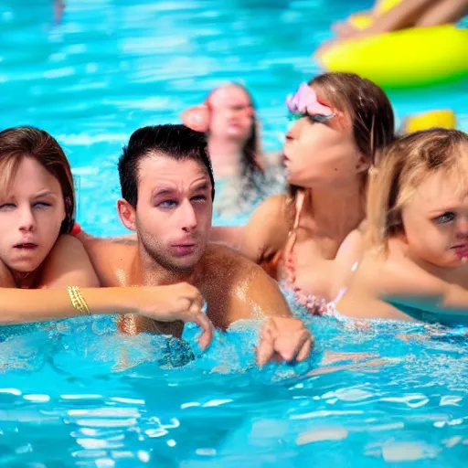 Image similar to everyone is sad on a pool party, very detailed faces