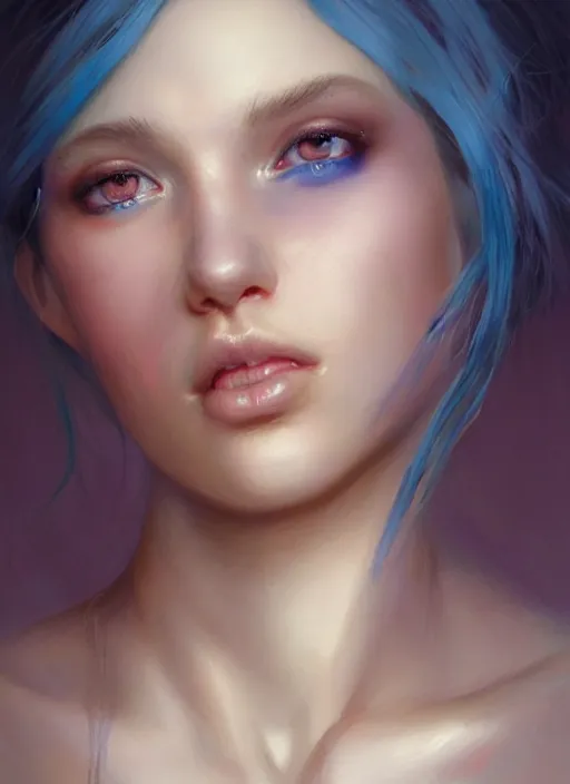 Prompt: girl with unkempt blue hair, beautiful highly detailed face, complementary lighting, backlit, eyeshadow, divine, beautiful painting by artgerm and greg rutkowski and raymond swanland