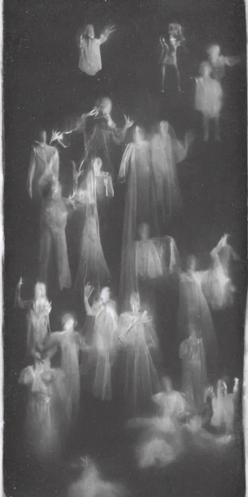 Image similar to spirit group photography with glowing bulbous ectoplasm, scary shadow people, sleep paralysis demon, 1 9 0 0 s, slimer, invoke fear and dread, old photograph, daguerreotype