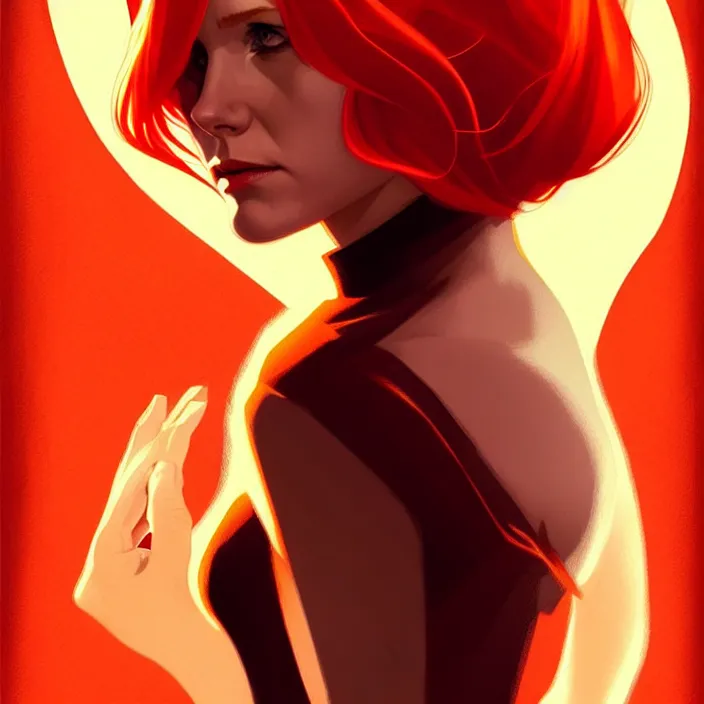 Image similar to style artgerm, joshua middleton, dean cornwell, beautiful kristen bell with dark red dress, very long orange hair, symmetrical face, symmetrical eyes, fire powers fire swirling, detailed, volcano setting, cinematic lighting