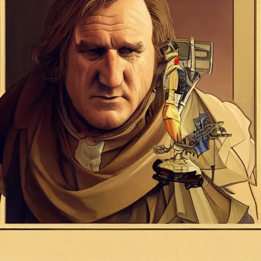 Image similar to [robot Depardieu as president of France! as GTA character, mystic hermit, closeup, D&D, intricate, elegant, highly detailed, digital painting, artstation, concept art, matte, sharp focus, illustration, art by Artgerm and Greg Rutkowski and Alphonse Mucha]