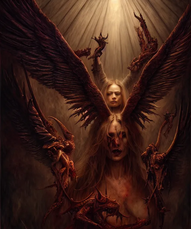 Image similar to epic professional digital art of angels and demons, horrific yet beautiful vibe, evocative, atmospheric lighting, painted, intricate, highly detailed, by leesha hannigan, wayne haag, reyna rochin, ignacio fernandez rios, mark ryden, iris van herpen, artstation, cgsociety, stunning, gorgeous, sharp focus, cinematic, masterpiece