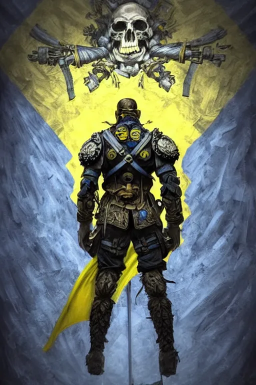 Image similar to a distant shot from behind of a Ukrainian super soldier with blue and yellow flag behind him standing alone on a huge pile of skulls as a winner, masculine muscular figure, D&D, fantasy, intricate, elegant, highly detailed, extremely detailed, digital painting, artstation, concept art, matte, sharp focus, symmetrical, illustration, art by Artgerm and Greg Rutkowski and Alphonse Mucha