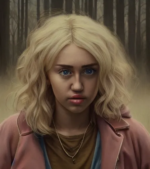 Prompt: still of miley cyrus with long blonde hair in an episode of stranger things, intricate, elegant, highly detailed, digital painting, artstation, concept art, smooth, sharp focus, illustration, art by artgerm and greg rutkowski and alphonse mucha