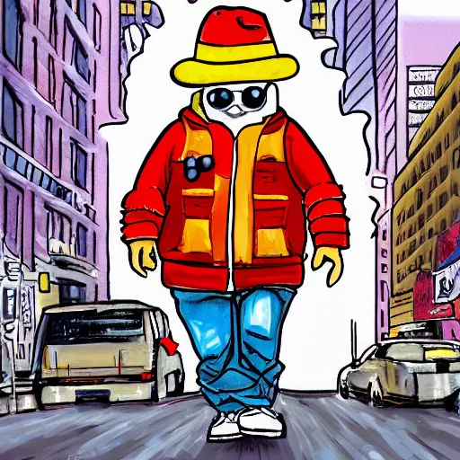 Image similar to the stay puff marshmallow man wearing timberland shoes and hat while smoking a joint and walking in new york city, digital art