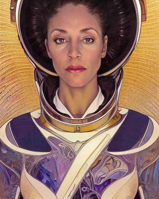 Image similar to portrait of actress Krys Marshall wearing a space suit, intricate, elegant, highly detailed, centered, digital painting, artstation, concept art, smooth, sharp focus, illustration, art by android jones and donato giancola and alphonse mucha