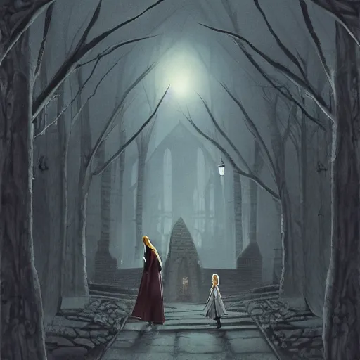 Image similar to harry potter and hermione hand in hand walking in hogwarts yard, elves around, lovely, lightly dark theme, harry potter theme, trending on artstation