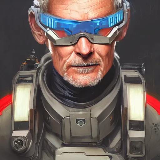 Image similar to science-fiction character portrait of Soldier 76 from Overwatch, wearing cybernetic visor, dystopian mood, intricate, wild, highly detailed, digital painting, artstation, upper body, concept art, smooth, sharp focus, illustration, art by artgerm and greg rutkowski and alphonse mucha