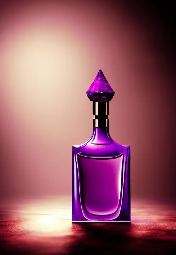 Image similar to close up shot of one premium perfume bottle containing purple liquid, the bottle is placed on a table, the bottle is in the middle of the scene, dust in the background, cinematic lighting!, spotlight, ultra detail, commercial, designer product, cinematic lighting, hd artstation, symmetrical, rendered, 4k