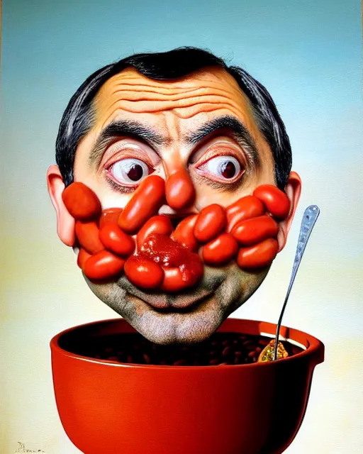 Prompt: portrait of mr bean's face in a bowl full of baked beans, face covered in beans and tomato sauce, beans in his eyes sockets, pile of beans on his head, baked beans instead of his eyes, mouth wide open and full of baked beans, overflowing with baked beans, rowan atkinson, muted colors, surrealist oil painting, highly detailed