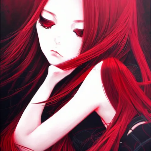 Prompt: beautiful seductive female spirit, sleeping, highly detailed, painting, dark red and black color palette, intricate, high quality anime artstyle, in the style of sana takeda