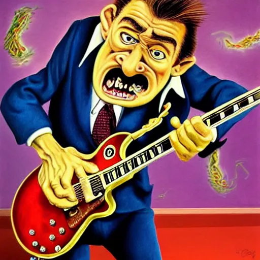 Image similar to beautiful lifelike painting of barry chuckle shredding on a gibson les paul, furious guitar solo, hyperreal detailed facial features and uv lighting, art by ed roth and basil wolverton