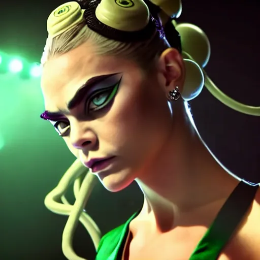 Image similar to cinematic scene with cara delevigne as jolyne from jojo's bizarre adventure, live action film, stone ocean, dramatic, small details, volumetric lighting, still frame