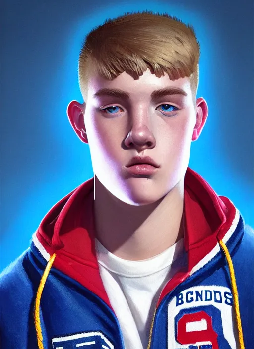 Image similar to portrait of high school senior boy named big moose, blonde short hair, jock, beefy, wide face, square jaw, square facial structure, blue varsity jacket with letter r, intricate, elegant, glowing lights, highly detailed, digital painting, artstation, concept art, sharp focus, illustration, art by wlop, mars ravelo and greg rutkowski