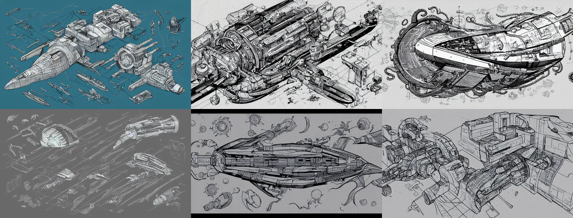 Prompt: lovecraftian spaceship isometric illustration, technical drawing, sci fi