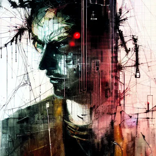 Image similar to a man lost in a cyberpunk noir glitchcore world of wires, and machines, by jeremy mann, francis bacon and agnes cecile, and dave mckean ink drips, paint smears, digital glitches glitchart