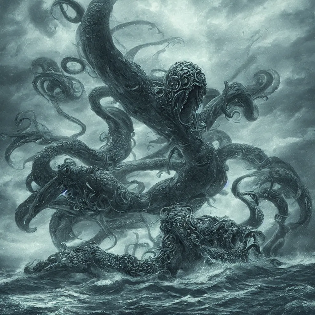 Image similar to A 600 meter high cthulhu fighting against a 500 meter Kraken on a stormy sea with boats around., photoreal