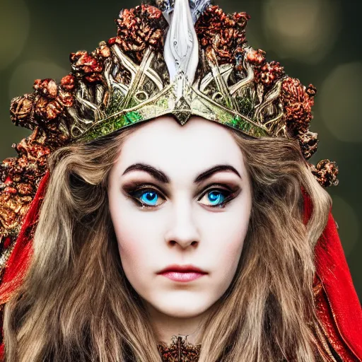 Prompt: photo of a beautiful elven queen queen with ornate crown and cloak, telephoto lens, incredibly detailed, macro 35mm 8k, HDR, studio